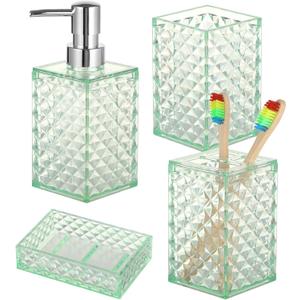 4 PCS Green Glass Bathroom Accessories Sets Countertop - Bathroom Counter Set, 3D Texture, Liquid Dispenser, Toothbrush Holder, Mouthwash Cup, Soap Dish
