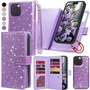Varikke for iPhone 14 Pro Wallet Case Detachable with Card Holder for Women, Fashion Glitter Leather Strap Strong Magnetic Flip Wallet Removable Phone Case Cover for iPhone 14 Pro 6.1", Light Purple