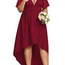 WUSENST Plus Size Wedding Guest Dress Formal High Low Dresses for Women Ruffle Short Sleeve Deep V Neck Elegant Long Gowns Wine Red (Red, XXL)