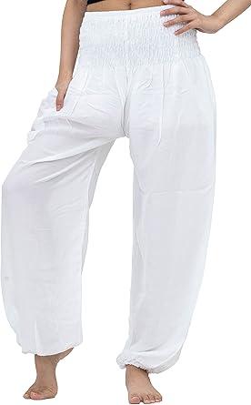B BANGKOK PANTS Harem Pants Women Yoga Boho Clothes with Pocket (One Size, Regular, White)