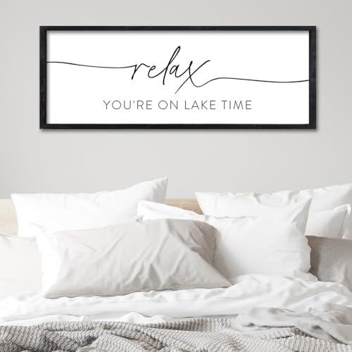 Surfapans Lake House Wall Decor Relax You're On Lake Time Sign 32"×12" for Bedroom Above Over Bed Lakeside Retreat Living Room Minimalist Large Wood Framed Horizontal Wall Hanging Art (Black)