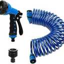 PiscatorZone EVA Recoil Garden Hose 25ft - Includes 7 Pattern Spray Nozzle,Retractable Curly Water Hose Blue