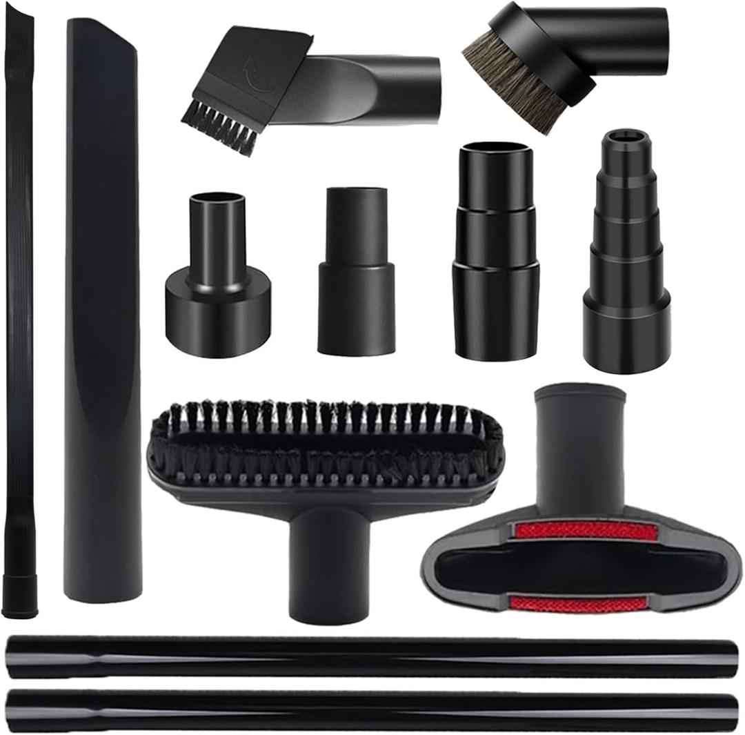 12 PCS Vacuum Attachments & Brushes Kit for Shop Vac Accessories & Household Cleaning, Includes 2 1/2" to 1 1/4" and 1 7/8" to 1" Vacuum Hose Adapters, Crevice Tool & 2 Vacuum Extension Wands