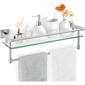 Glass Bathroom Shelf with Towel Bar, Stainless Steel Tempered Towel bar/Track Glass Bathroom Shelves Wall Mount Over The Toilet (Brushed Nickel, 20-inch)