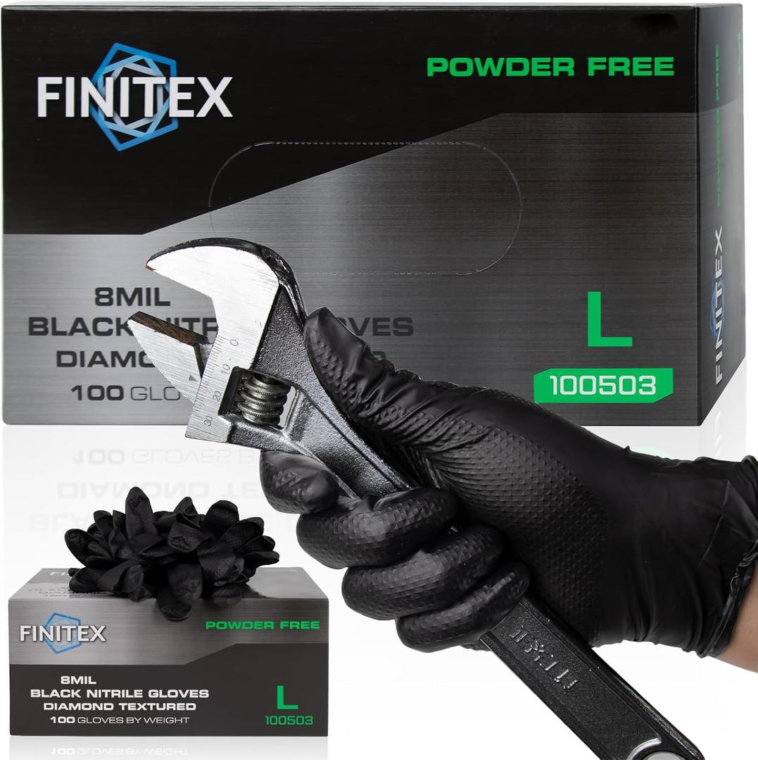 FINITEX Industrial Diamond Texture Nitrile Black Glove - 100/1000PCS Chemical Resistant 8mil Mechanic Disposable Gloves