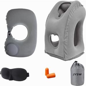 Inflatable Travel Pillow,U-Shaped JYSW Portable Airplane Pillow Multifunctional Neck and Head Support Lap Pillow for Airplanes Trains Buses and Office Napping with Eye Mask, Earplugs, Grey