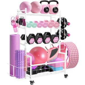 Dumbbell Rack, Weight Rack for Home Gym Dumbbells, Adjustable Barbell Rack for Kettlebells Yoga Mat & Balls, Sports Equipment Organizer Storage Rack with Wheels for All in One Workout (White)