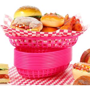 AceOrbit 12 Pcs Fast Food Baskets with 60 Pcs Paper Liners Plastic Classic Food Storage Baskets for Lunch Dinner Serving Burger Chip Trays for Hot Dog Hamburger Bread Picnic (Pink)
