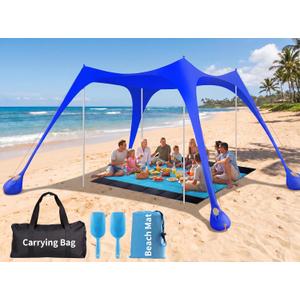 12x12 FT Beach Tent Sun Shelter UPF 50+, XL Beach Canopy with 4 Thickened Aluminum Poles, Sandbags, Windproof Portable Beach Sun Shade with Beach Blanket, Shovels, for Outdoor Camping Fishing RV Trip