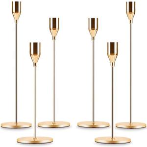 Gold Taper Candle Holder Set of 6, Brass Gold Tall Candlestick Holders, Metal Vintage Candle Stickers Long Holder Set, Pillar Decorative Candle Holder Fits 3/4 Inch Candle