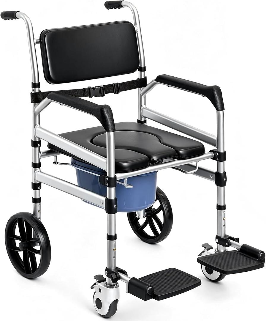 Heavy-Duty Rolling Shower Chair with 10" Solid Wheels for Elderly