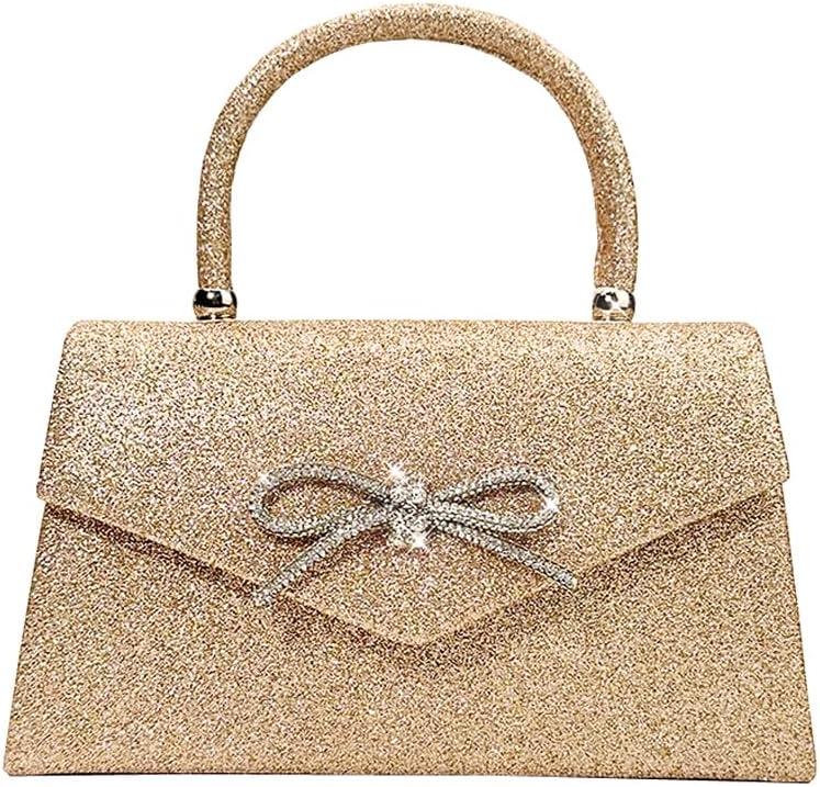 Womens Evening Bag Sparkly Bow Clutch Purse Wedding Party Purses Glitter Rhinestone Cocktail Prom Handbags (Gold)