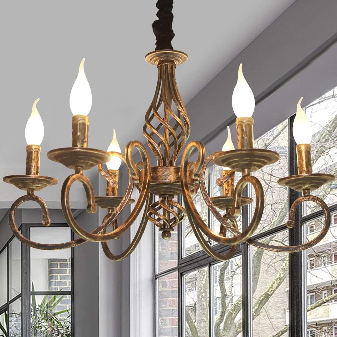 Ganeed Rustic 6Light Chandeliers,French Country Vintage Chandelier,Metal in Antique Bronze Pendant Chandelier,Pendant Light Fixture for Island Kitchen Farmhouse Dining Room Living Room, Bronze/6 Lights