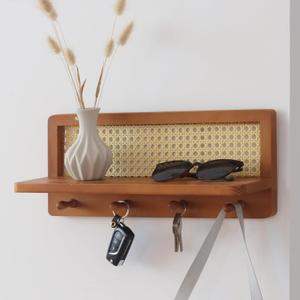 FRIADE PE Rattan Coat Rack Shelf Wall Mounted with 4 Hooks, Decorative Coat Hook Rack with Floating Shelf for Entryway, Nursery, Mudroom, Hallway, Kitchen, Office (Retro Brown)