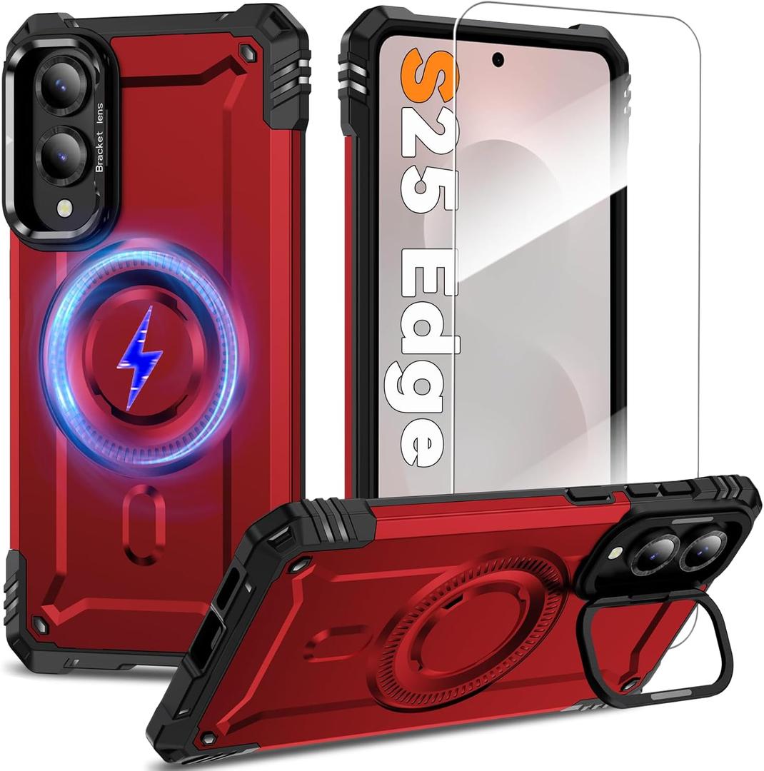 Magnetic Case for Samsung Galaxy S25 Edge 5G [Built-in Camera Ring Stand] [Screen Protector] [Military-Grade Protection] Heavy Duty Shockproof Protective Cover for Samsung S25 Edge 5G 6.66 inch, Red