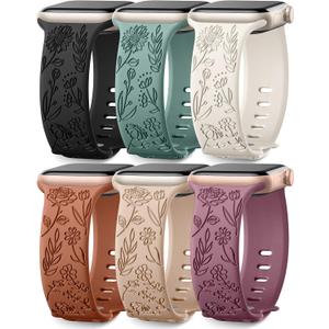 SNBLK 6 Pack Floral Engraved Bands Compatible with Apple Watch Bands 40mm 41mm 42mm 38mm 44mm 45mm 46mm 49mm Women Men, Silicone Flower Pattern Strap for iWatch Series 11 10 Se Ultra 9 8 7 6 5 4 3 2 1