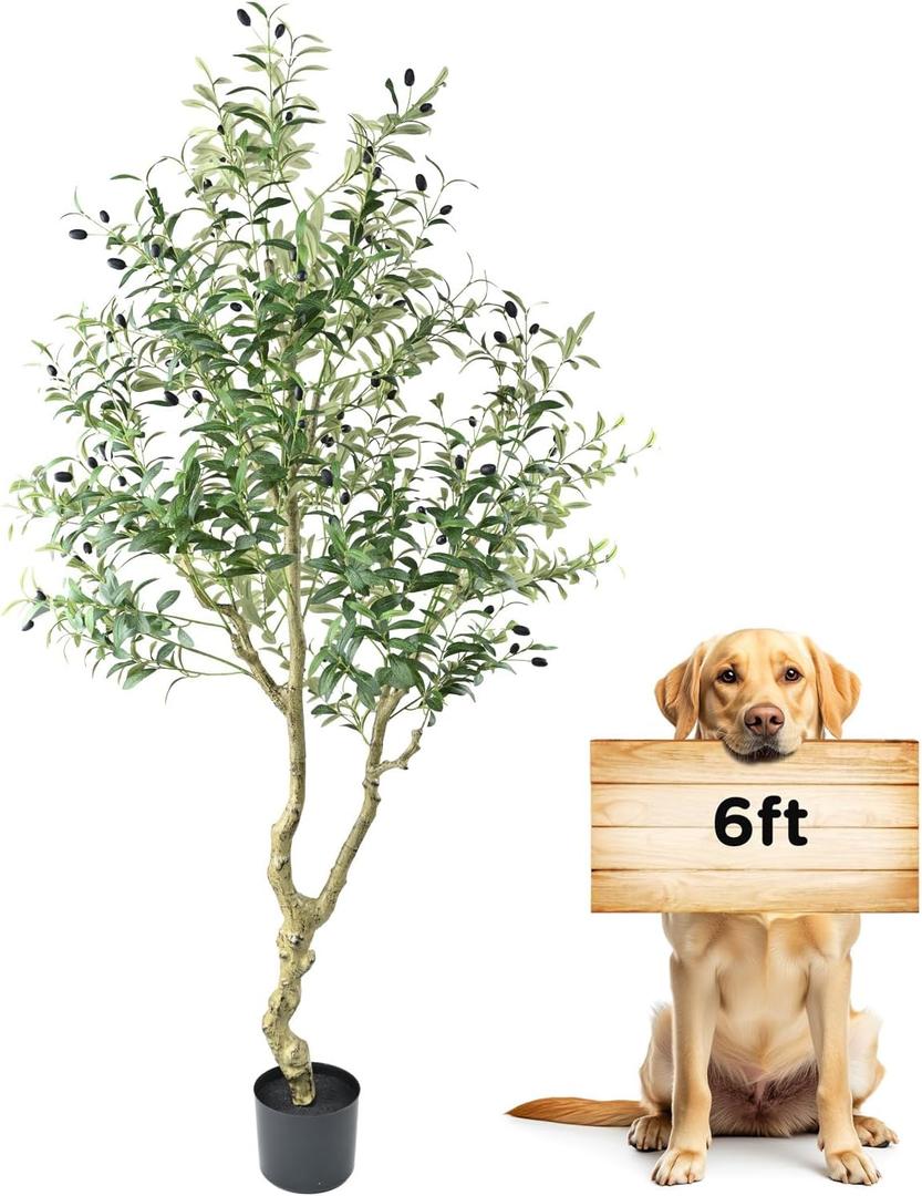 Artificial Olive Tree 6FT Tall Olive Tree Indoor Floor Plant with 1877 Leaves Lush Large Artificial Plant Faux Olive Plant for Corner Bedroom Livingroom Patio Office