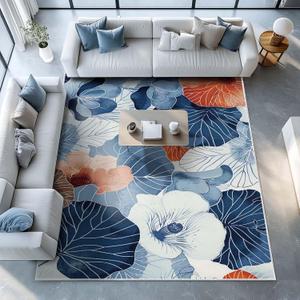 8x10 Boho Rug Navy Blue Orange Botanical Leaf Floral Area Rug Bedroom Ultra-Thin Soft Low Pile Large Carpet Living Room Non Slip Dining Room Stain Resistant Office Washable Machine