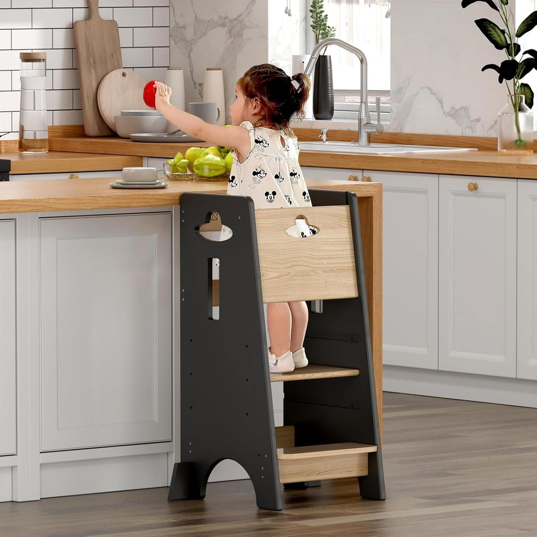 COSYLAND Toddler Standing Tower Adjustable Height - Super Stable Toddler Kitchen Stool Helper with Protive Panel - 3 Levels Adjustable Wooden Kitchen Stool for Kids (Natural & Dark Gray)