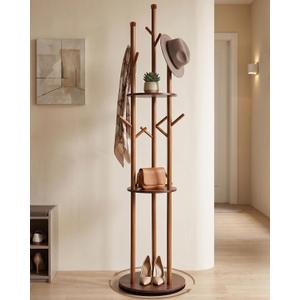 Coat Rack Freestanding, Wood Coat Tree with Shelf for Entryway Walnut