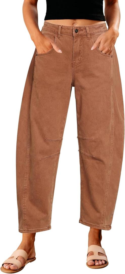 GRAPENT Barrel Jeans for Women Trendy High Waisted Wide Leg Baggy Cropped Relax Fit Stretch Denim Trouser Ankle Pants (Caramel), L