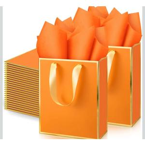 Yeaqee 50 Pack Metallic Gift Bags with Handle and Tissue Paper Gold Foil Thank You Bag for Graduation Wedding Groomsmen Bridal Baby Shower Gifts Holiday Party Favors 9x7x3.15'' (Orange)