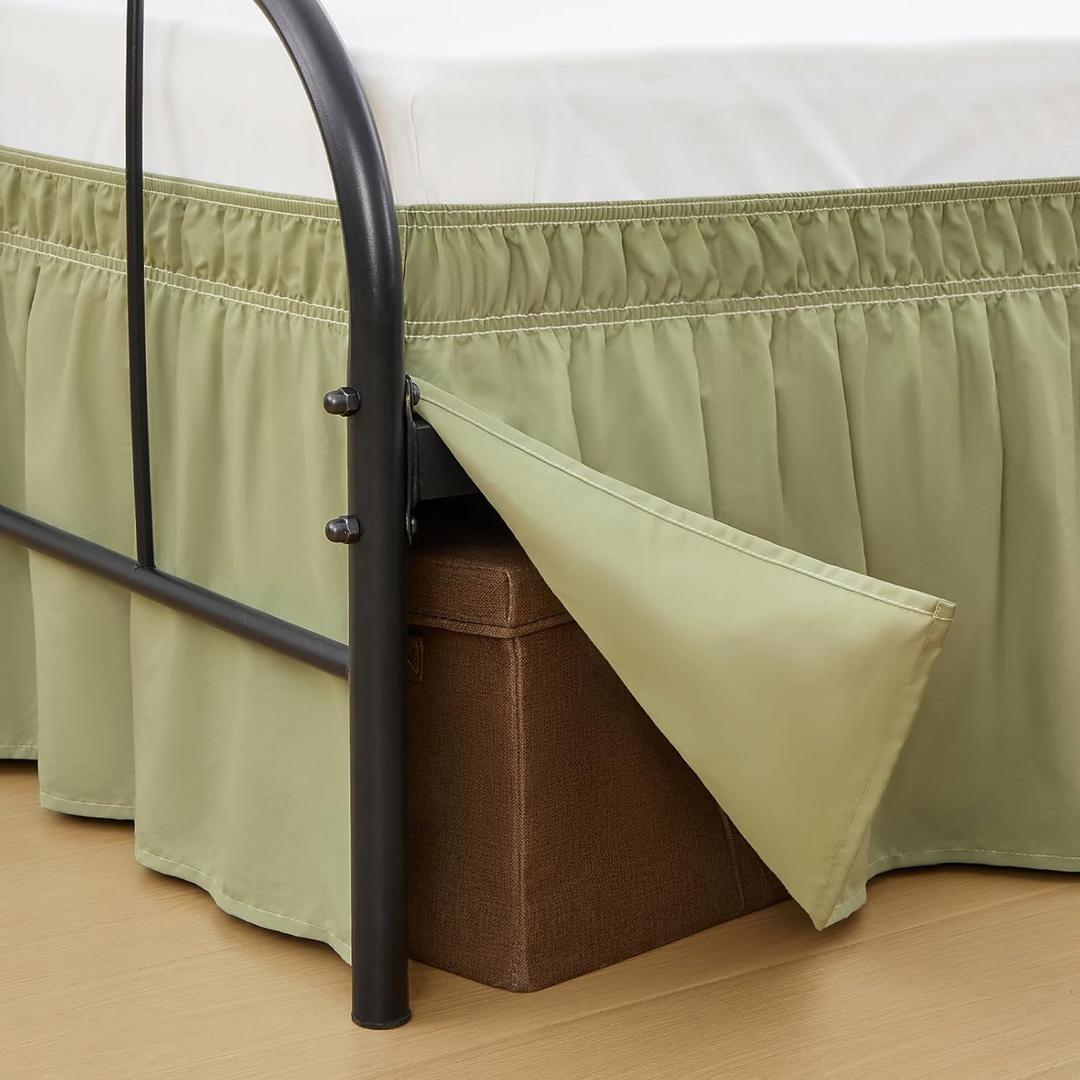 Vocander Dust Green Split Corner Bed Skirt for Queen Beds 14 Inch Drop, Adjustable Elastic Dust Ruffles for Metal Frame, Adjustable Tailored Bedskirts Fade & Wrinkle Resistant