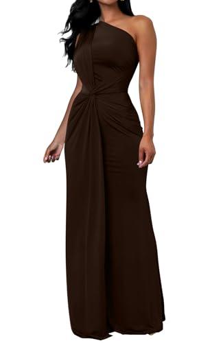 Memoriesea Women's Elegant Sleeveless One Shoulder Bodycon Evening Cocktail Maxi Dress Brown Size XL