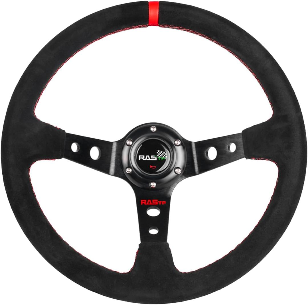 RASTP Universal Racing Steering Wheel Suede Deep Dish 13.58/345mm 6 Bolts with Horn Button Include Cable, Wrench,Red (Red)