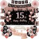 15th Birthday Decorations for Girls, 33pcs Black Rose Gold Happy 15th Birthday Banner 15 Birthday Crown and Sash Balloons Backdrop Hanging Swirls Paper Fans, 15 Years Old Party Supplies Kit