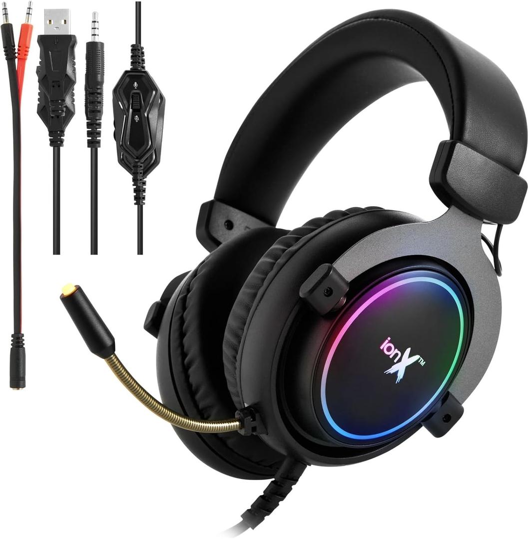 Wired Gaming Headphones with Microphone, Over The Ear 3.5mm Headphones with Microphone and RGB Lighting (Black)