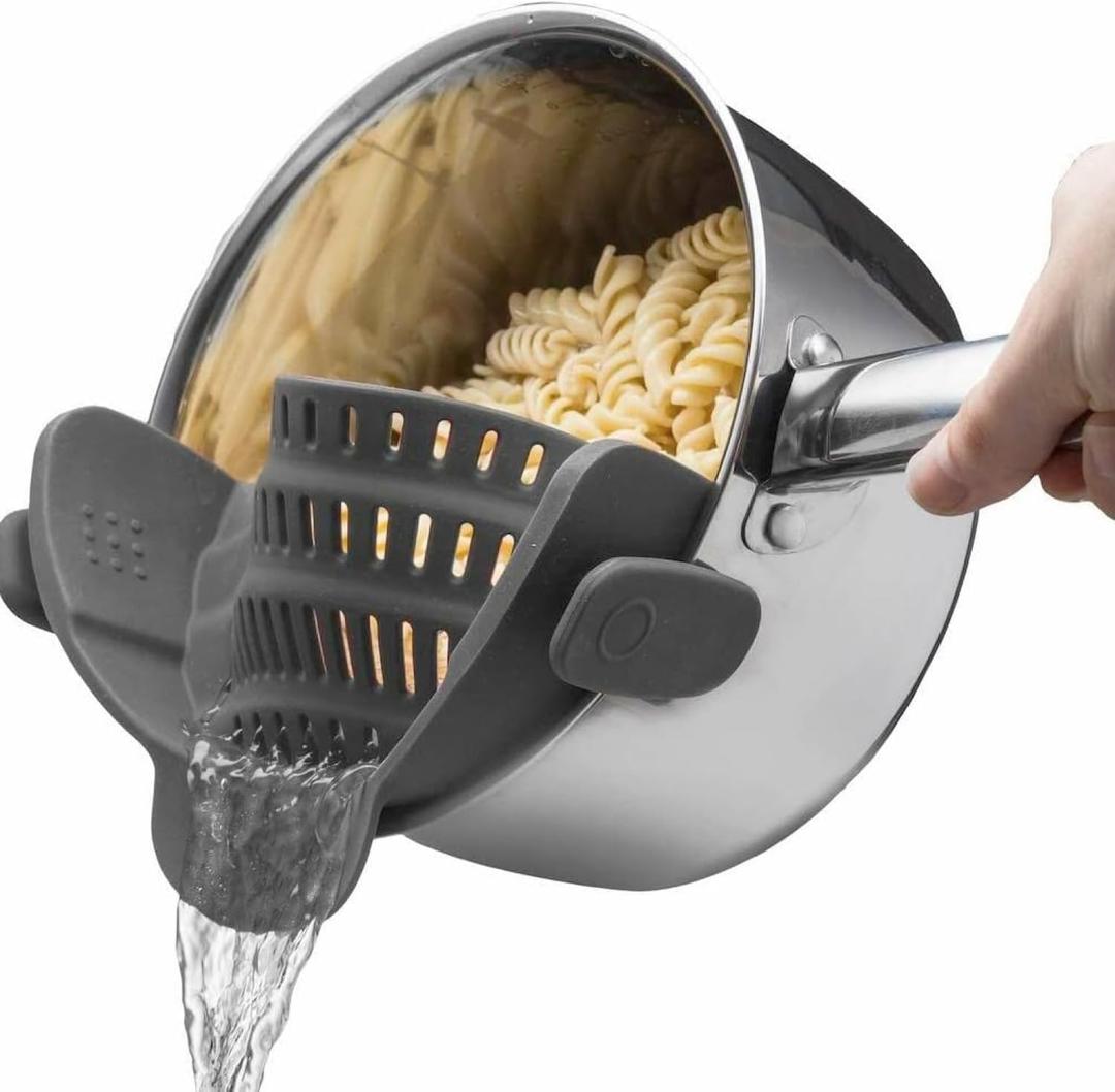 Kitchen Gizmo Snap N' Strain - Silicone Pasta Strainer Clip-On for Pots and Pans - Heat Resistant Colander for Vegetables and Noodles - Kitchen Gadgets for Cooking - Space-Saving Design - Grey (Gray)