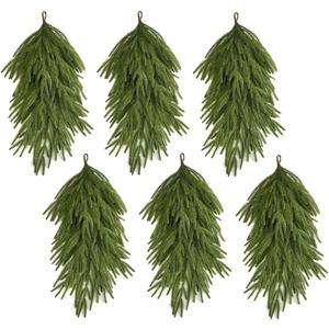 6-Pack Artificial Christmas Teardrop Swag, 25" Faux Norfolk Pine Swag Christmas Greenery Teardrop Wreath for Xmas Door, Mantle, Fireplace, Stairway Indoor Outdoor Holiday Decor