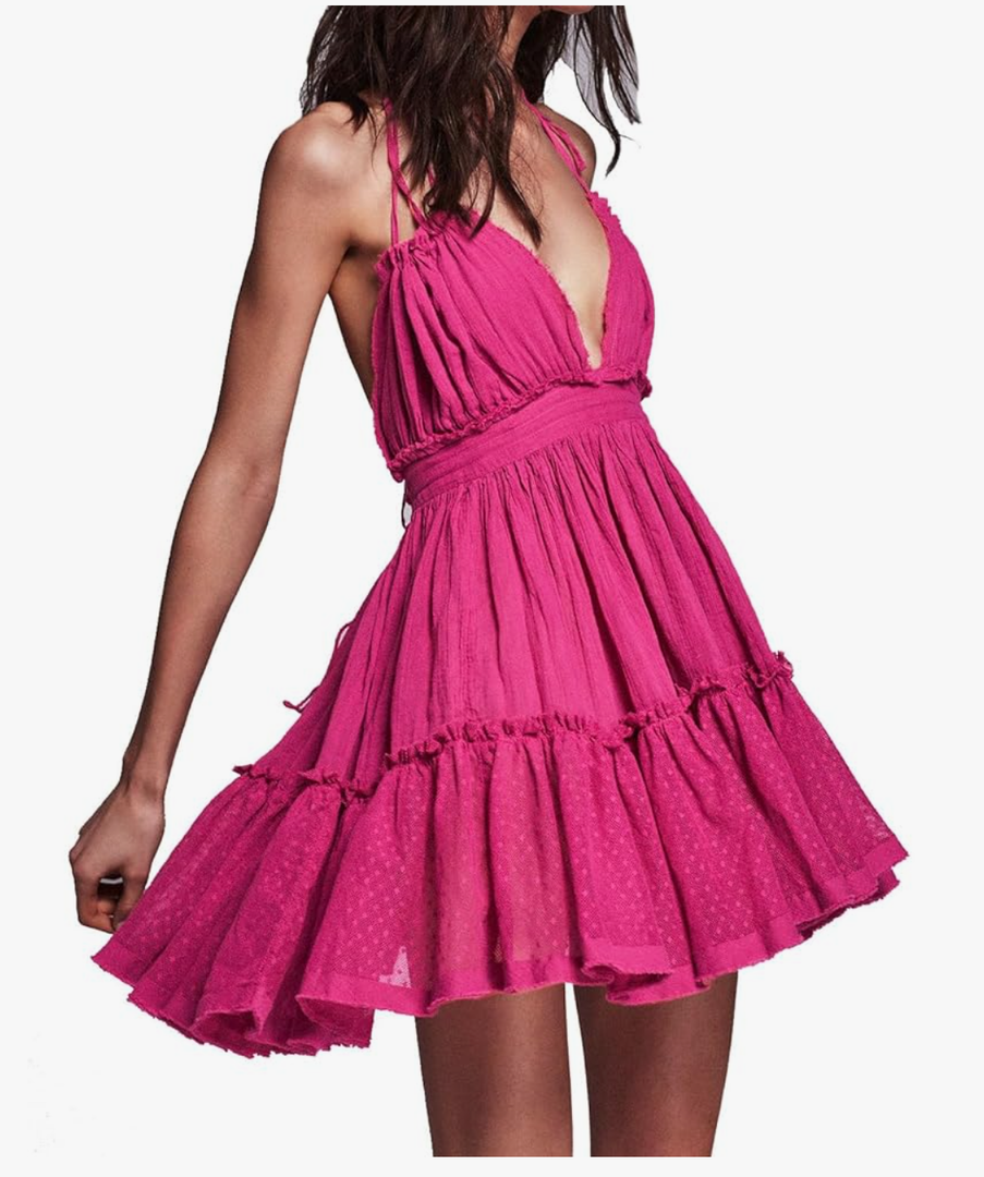 R.Vivimos Womens Summer Halter Deep V Neck Sexy Patchwork Mini Short Dresses, XL