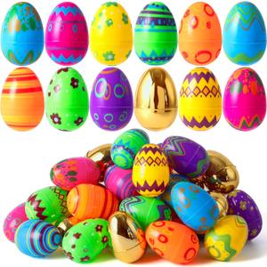 JOYIN 64 Pcs 3.15" Colorful Printed Eggs Include 8 Golden, Plastic Fillable Empty Eggs for Easter Hunt, Basket Stuffer Filler, Classroom Prize, Party Favors