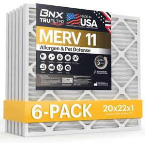 BNX TruFilter 20x22x1 Air Filter MERV 11 (6-Pack) - MADE IN USA - Allergen Defense Electrostatic Pleated Air Conditioner HVAC AC Furnace Filters for Allergies, Dust, Pet, Smoke, Allergy MPR 1200 FPR 7