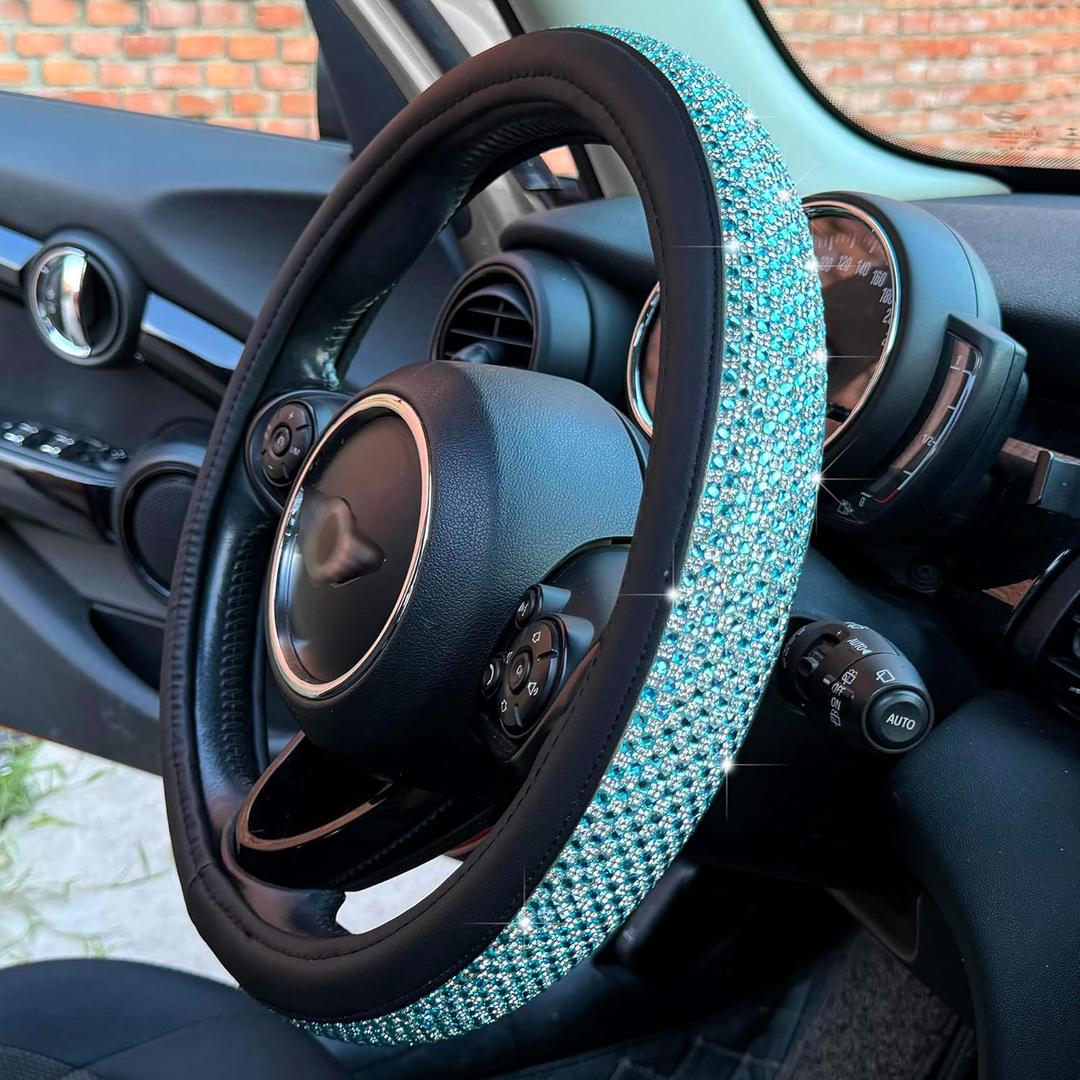 PINCTROT Large Size Bling Comfy Steering Wheel Cover with Jumbo Crystal Rhinestones, Anti-Slip Diamond Leather, 15.5-15.75 Inch (Sky Blue)