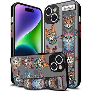 Compatible for iPhone 14 Case Cute with Strap Stand Finger Kickstand, Designer Cool Silicone Cases Funda Cover - Blue Cats Ethnic