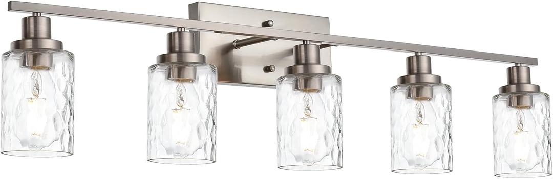 MELUCEE 5-Light Bathroom Light Fixtures Brushed Nickel Finish, Modern Vanity Light Industrial Wall Lamp with Clear Hammered Glass Shade for Powder Room Bedroom