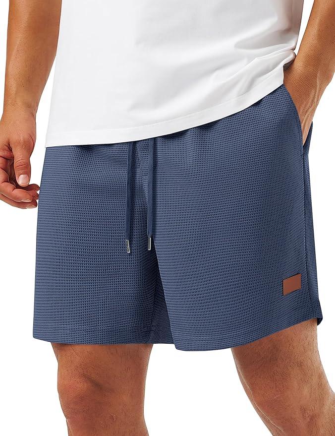 TACVASEN Men's Casual Shorts Waffle 5'' Elastic Waist Drawstring Summer Beach Shorts Moisture Wicking SweatShorts, Blue Medium