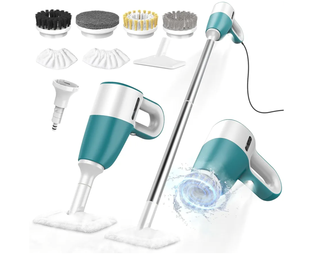 Electric Steam Spin Scrubber, Steam Cleaning Brush with 11 Accessories, 2 Modes Electric Steam Scrubber, Detachable Long Handle, Power Steamer Scrubber for Cleaning Home, Floor, Tile, Grout, Car