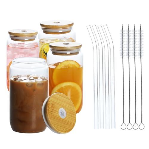 XCENUNTY 5-Piece Glass Cup Set – 16 oz Each – With Lids, Straws, 2 Cleaning Brushes – For Coffee, Tea, Beer, or Gifting
