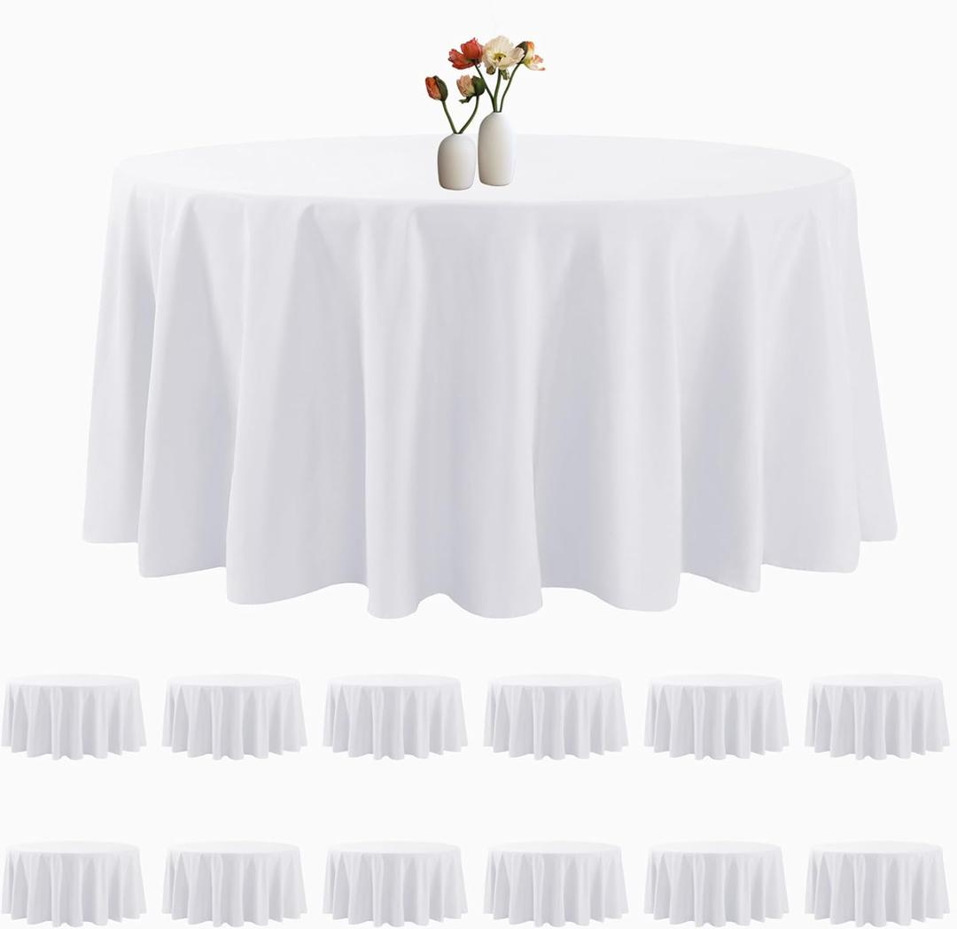 12 Pack Round Tablecloth 132 Inches White Table Cloth Stain and Wrinkle Resistant Washable Polyester Fabric Table Cover for Party, Wedding and Banquet Decoration