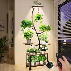 Plant Stand Indoor with Grow Lights, 62" Plant Stand with Locking Wheels, 7 Tiered Plant Shelf Adjustable Brightness with Remote Control, Metal Tall Plant Flower Holde for Living Room, Patio (Brown) 