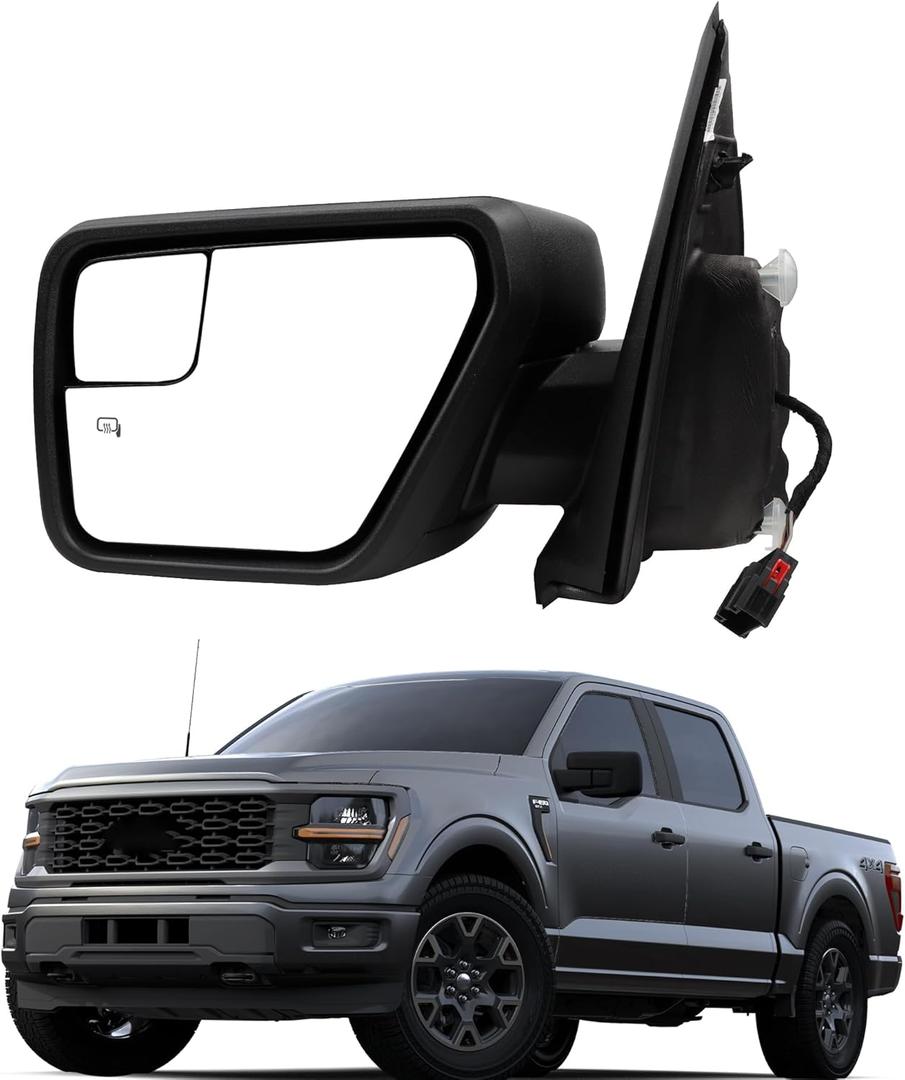 Dasbecan Left Driver Side Mirror Compatible with 2021-2024 Ford F150 XL/XLT/STX with Power Heated Glass, Manual Folding, Black Texture Mirror Cover (5pins)
