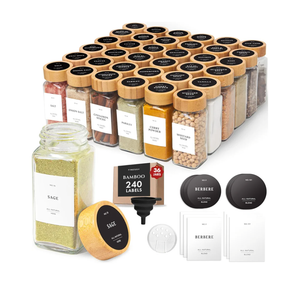 FINESSY Glass Spice Jars with Label with Bamboo Lids 36 Pack Set, 4oz Empty Clear Glass Spice Bottles with Shaker Lids, Airtight Kitchen Seasoning Organizer Jars, Herb Seasoning Containers with Labels