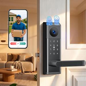 CAMCAMP Smart Door Lock, Keyless Entry Door Lock with Handle, Deadbolt Smart Lock for Front Door, WiFi Video Smart Lock with Camera & Doorbell,12 Months Battery, App Control,2-Way Audio, IP66Waterproof