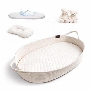 Baby Changing Basket with Waterproof Pad, Premium Cotton Rope Foldable Diaper Changing Mat for Dresser & Table, Breathable Moses Style Basket for Newborns, Nursery Decor with Safety Belt