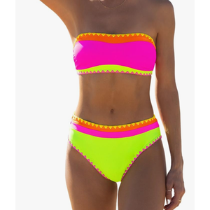 popvil Women's Neon Color Block Bandeau Swimsuits Strapless Bikini Sets Two Piece Bathing Suits Size L