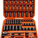 HORUSDY 1/2" Drive Impact Socket Set, 67 Piece, SAE (3/8" to 1-1/4") and Metric (8-24mm), 6 Point, Cr-V, Includes 1/2-Inch Drive Ratchet Handle, Extension Bar, Universal Joint and Adapter